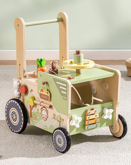 ROBOTIME Wooden Baby Walker Push Toy for Toddlers, Baby Push Walker with Wheels, Farm-Themed Activity Center for Girls & Boys, Adjustable Speed Walker for Baby Learning to Walk