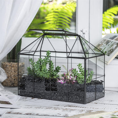 NCYP Glass Terrarium Planter with Lid for Small Succulent Plants, Grid House Shape Black Geometric Terrarium Pot, Home Garden Indoor Tabletop Decor, 9.84" x 5.31" x 7.87" (No Plants)