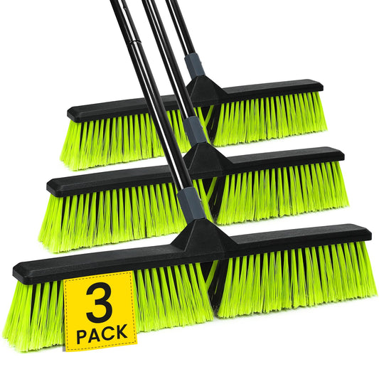 3 PK 24" Push Broom Outdoor, Heavy Duty Broom with 63" Long Handle, Shop Garage Broom with Stiff Bristle for Indoor Outdoor Floor Cleaning, Garden Patio Deck Warehouse Lawn Driveway Scrubbing
