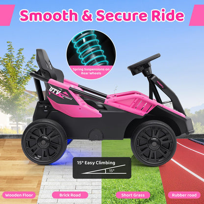 Costzon Electric Go Kart for Big Kids, 12V Ride on Race Toy Car w/Remote Control, LED Lights, 3 Speeds, 16" Wide Seat, Shock Absorbers, Horn & Music, Racing Kids Electric Kart for Boys & Girls (Pink)