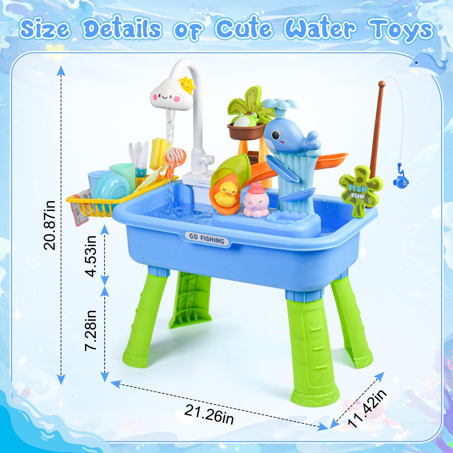 Upgraded Toddler Sand Water Table Toy with Electric Water Pump, Kids Sand Water with Faucet/Play Food Accessories/Fishing Toy, Kitchen Play Sink Toys for Girl Boy Age 3+ (Blue-Cloud)