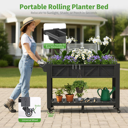Elevated Raised Garden Bed with Legs & Wheels, 47x17x29.7in Large Planter Box with Handle & Shelf, HIPS All-Weather Outdoor Planter with Drainage Holes, Liner & Hooks for Vegetables, Herbs & Flowers