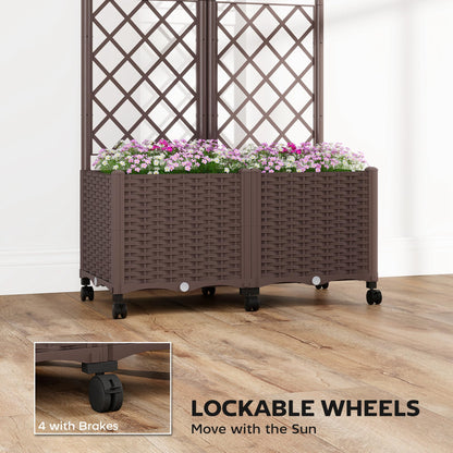 Outsunny Planter Box with Trellis, Self Watering Raised Garden Bed with Lockable Wheels, 56.3" Trellis Privacy Planter with Drainage Holes for Climbing Plants, Vines, Vegetables, Flowers, Brown