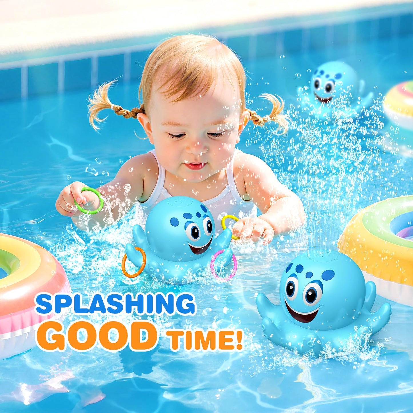 Octopus Bath Toys for Toddlers| Rechargeable Automatic Sprinkler Water Toys with LED Lights & 4 Toss Rings,150 Mins Battery Life,Baby Toys for 6-12 12-18 Months Gifts for Boys Girls 1-5 Years Old