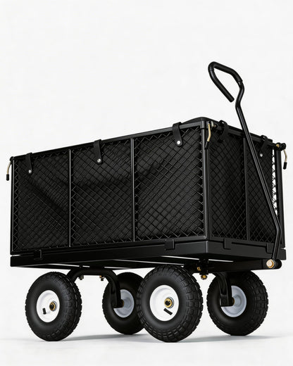 GarveeTech 800LBS Heavy Duty Steel Garden Cart, Garden Wagon Cart on Wheels, Metal Yard Utility Wagon with Removable Mesh Sides, 10" All Terrain Tires, 180° Rotating Handle for Lawn, Garden, Farm