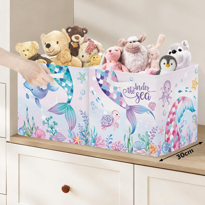 Clastyle Mermaid Tail Kid Storage Cube Organizer Set with Metal Frame Ocean Animal Turtle Closet Clothes Toy Storage Bin Nursery Toddler Girl Book Shelf Basket, Colorful Seaweed, 11.8x11.8x11.8 in