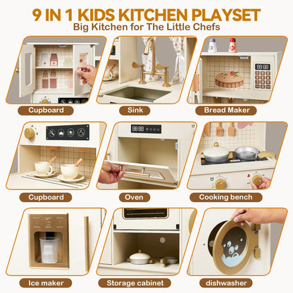 Play Kitchen for Kids Wooden Pretend Play Kitchen Set Toy Toy Kitchen with 26 Pcs Toy Food & Cookware Accessories Gift for 3+ Year Old Girls & Boys (Bean Green)