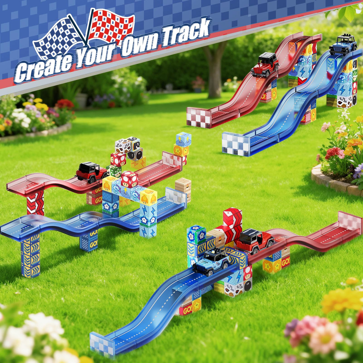 tinytrek Magnetic Tiles Race Track Set, 52PCS STEM Educational Magnetic Building Blocks with 2 Race Cars, Montessori Sensory Travel Toys for Kids 3 4 5 6 7 8, Birthday for Boys & Girls