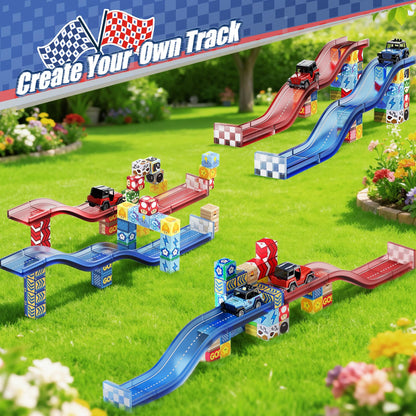 tinytrek Magnetic Tiles Race Track Set, 52PCS STEM Educational Magnetic Building Blocks with 2 Race Cars, Montessori Sensory Travel Toys for Kids 3 4 5 6 7 8, Birthday for Boys & Girls