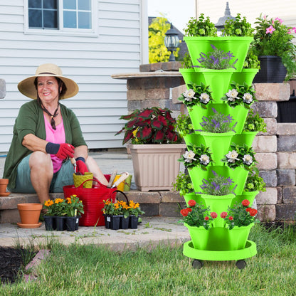 Umigy 2 Set of 7 Tier Vertical Planter Stackable Tower Planters Strawberry Herb Flower and Vegetable Pots Indoor Outdoor Gardening Pots with Removable Wheels and Tools(Light Green)