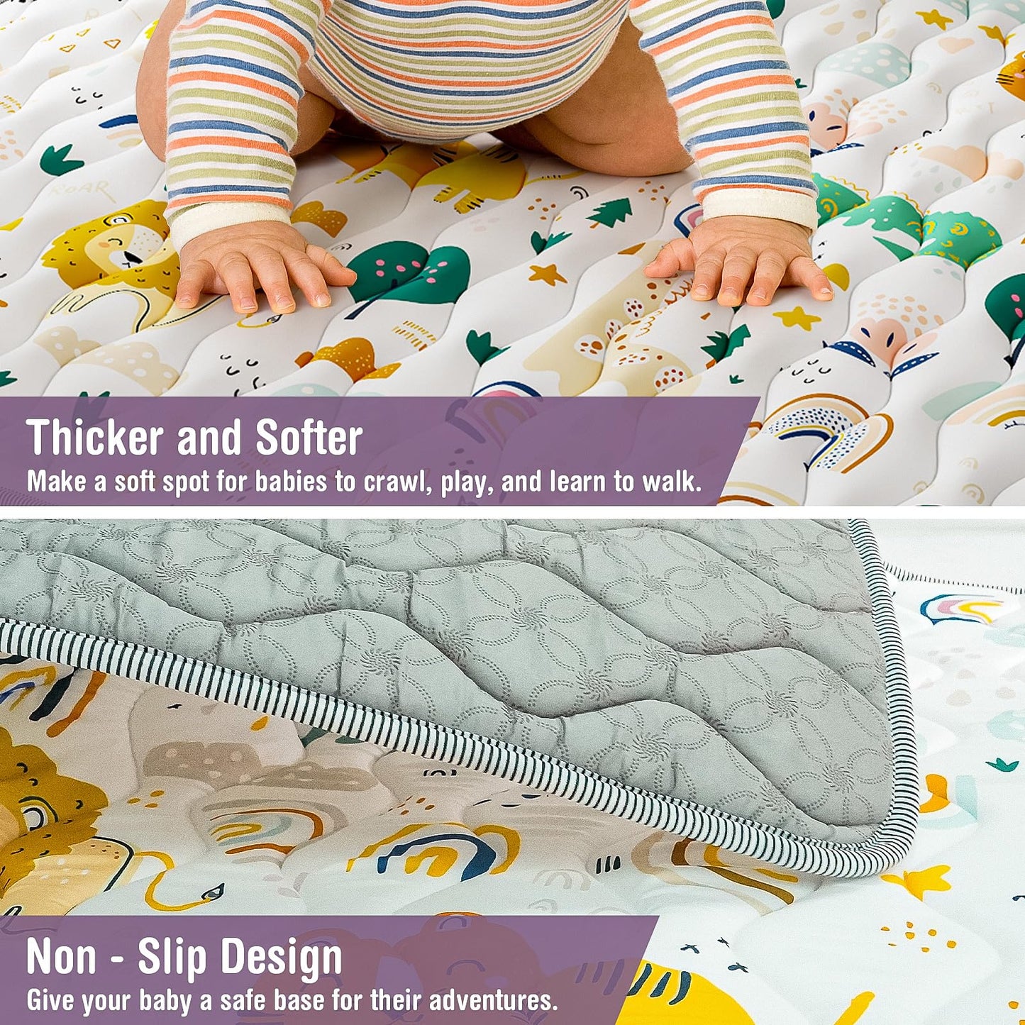 Baby Play Mat for Floor, 71"x59" Thickened Playpen Mat, Soft Non-Slip Baby Play Mat, Foldable & Machine Washable, Portable Waterproof Crawling Playmats for Infants & Toddlers, Rainbow and Animal