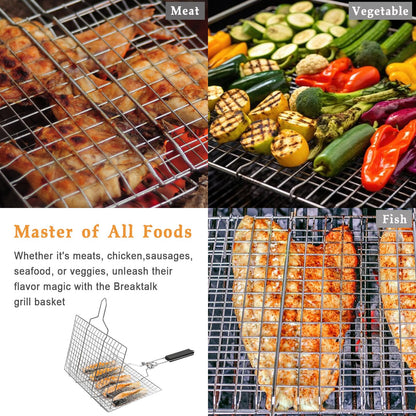 BBQ Fish Grill Basket with Basting Brush – 20.5"x13.5" Lockable Nonstick Grilling Basket with Beech Wood Handle, Chrome-Plated Carbon Steel Mesh for Fish, Meat, Vegetables