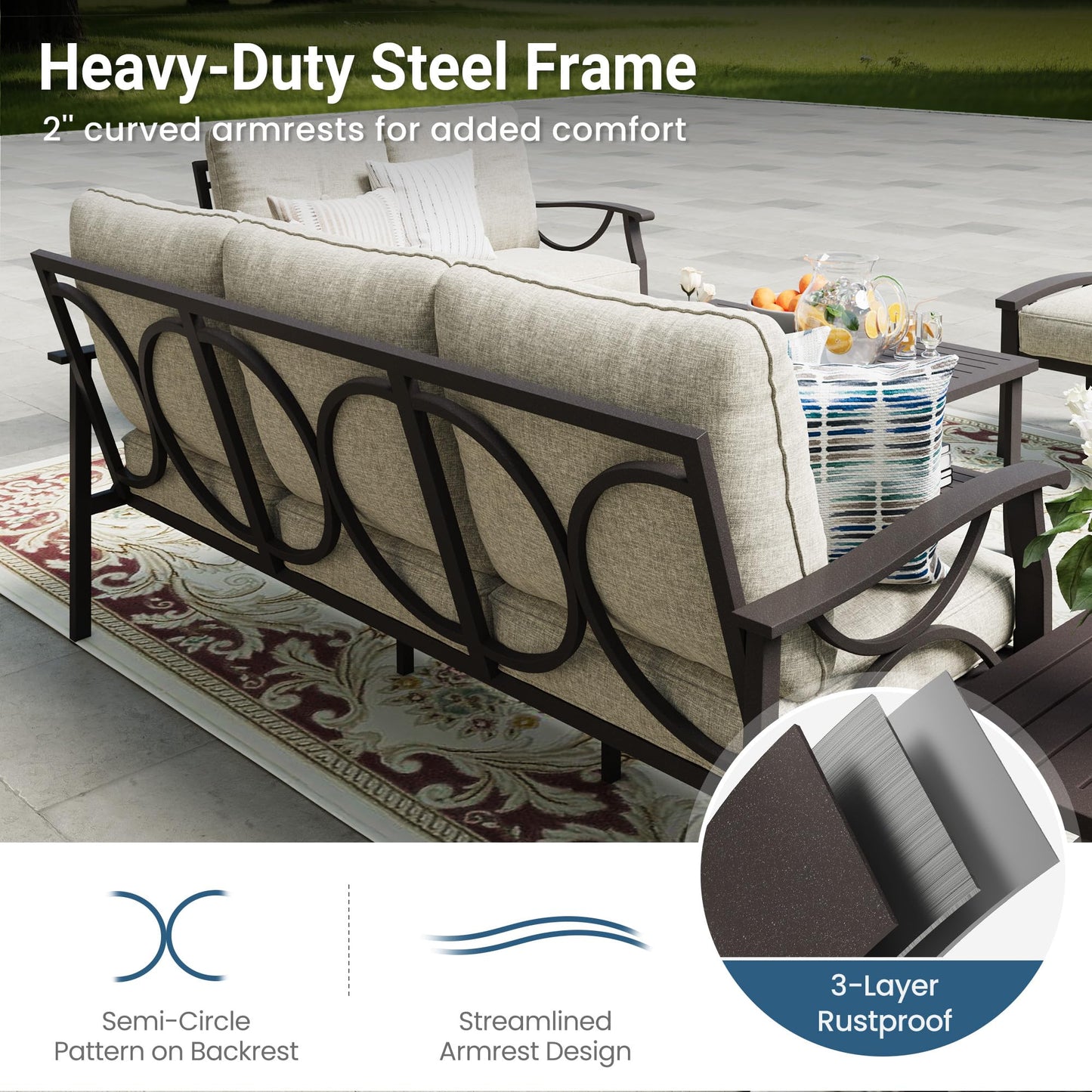 RoyalCraft Outdoor Patio Furniture Set, 5 Seats Outdoor Patio Set with 4" Thick Cushion, All-Weather Metal Patio Sofa with Coffee Table, Outdoor Sectional Furniture for Porch Backyard, Khaki&Beige