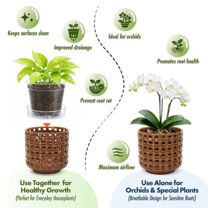 D'vine Dev 6.7 Inch Ceramic Orchid Planter with Lattice Cutout Design, Glazed Cachepot with Clear Nursery Pot & Detachable Saucer for Orchids and Indoor Plants, Pumpkin, 28-A-Y-5