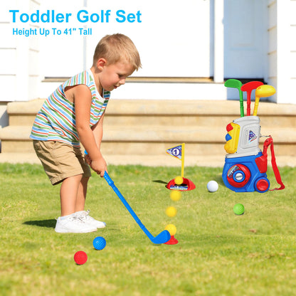 LPFG Toddler Golf Set, Kids Golf Set for Ages 1 2 3 4 5 Years Old Boys Girls with 4 Plastic Golf Clubs 10 Balls, Indoor Outdoor Baby Toddler Golf Clubs Set Toy with Cart Birthday Gifts Blue