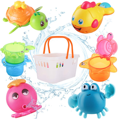 iPlay,iLearn Baby Bath Toys w/ Organizer, Infant Bathtub Shower Toy, Wind up Turtle, Water Squirt Octopus, Stacking Cup for Tub Pool, Birthday Gift 6 9 12 18 Month 1 2 3 Year Old Toddler Girl Boy Kid
