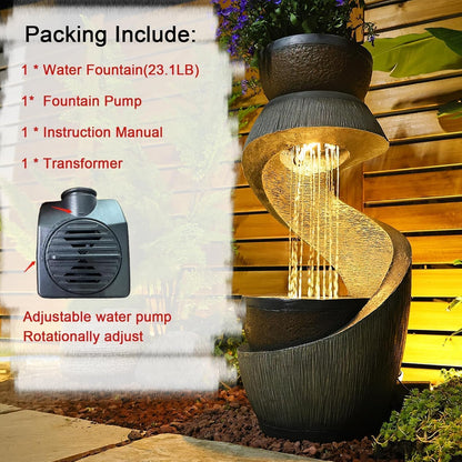 Sunlinua 31.9" S-Shaped Water Outdoor Fountain–Modern Cascading Waterfall Feature with LED Lights & Planter Bowl, Garden Fountains Outdoor for Patio, Balcony, Yard or Home Decor, Resin Waterfall