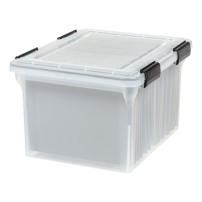 IRIS USA File Box WeatherPro Organizer Plastic for Letter/Legal, Water Resistant Document, Durable Lid, Seal w/Secure Latching Buckles, Stackable, Nestable, Clear 32 Qt. 1 Pack