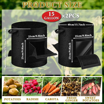 UJG 2 Pack 15 Gallon Potato Grow Bags with Pull-Down Harvest Window, Potato Bags for Growing Potatoes Heavy Duty Thickened Nonwoven Fabric Gardening Vegetable Growing Bags with Visible Window