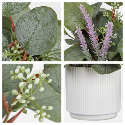 Small Artificial Plants Indoor, 9.8" Faux Eucalyptus Stems in Ceramic Pot for Table, Desk, Shelf, Fake Potted Plants Eucalyptus Leaves with Lavender for Centerpieces, Living Room, Bathroom, Bedroom