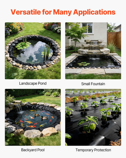 VEVOR 20 x 20 ft Pond Liner, 14 Mil Thickness, 3-Layer Reinforced PE Fish Koi Pond Liner for Outdoor Ponds, with Hemmed Edge and 4 Metal Buttonholes, for Water Garden, Waterfall, and Fountains, Black