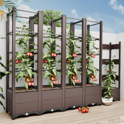 Raised Garden Bed with Trellis for Tomatoes, 10.5 Gal Planter Box Outdoor, 69.69" Tall Flower Planter with Tomato Cage, 15.7" Elevated Garden Bed for Vegetables, Climbing Plants & Flowers (Brown)