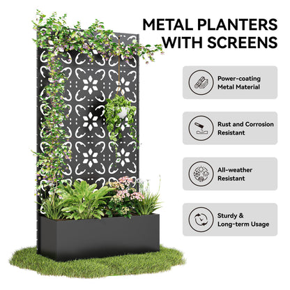 Bevivog Outdoor Privacy Screen with Planter Box, 71"x36" Freestanding Metal Privacy Planters for Patio Garden Metal Planter Box with Trellis, Outside Privacy Fence with Planter for Climbing Plants