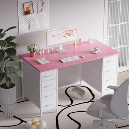 Pamray 47 Inch Computer Desk with 8 Fabric Drawers PC Gaming Desk Home Office Study Work Writing Table for Bedroom Pink