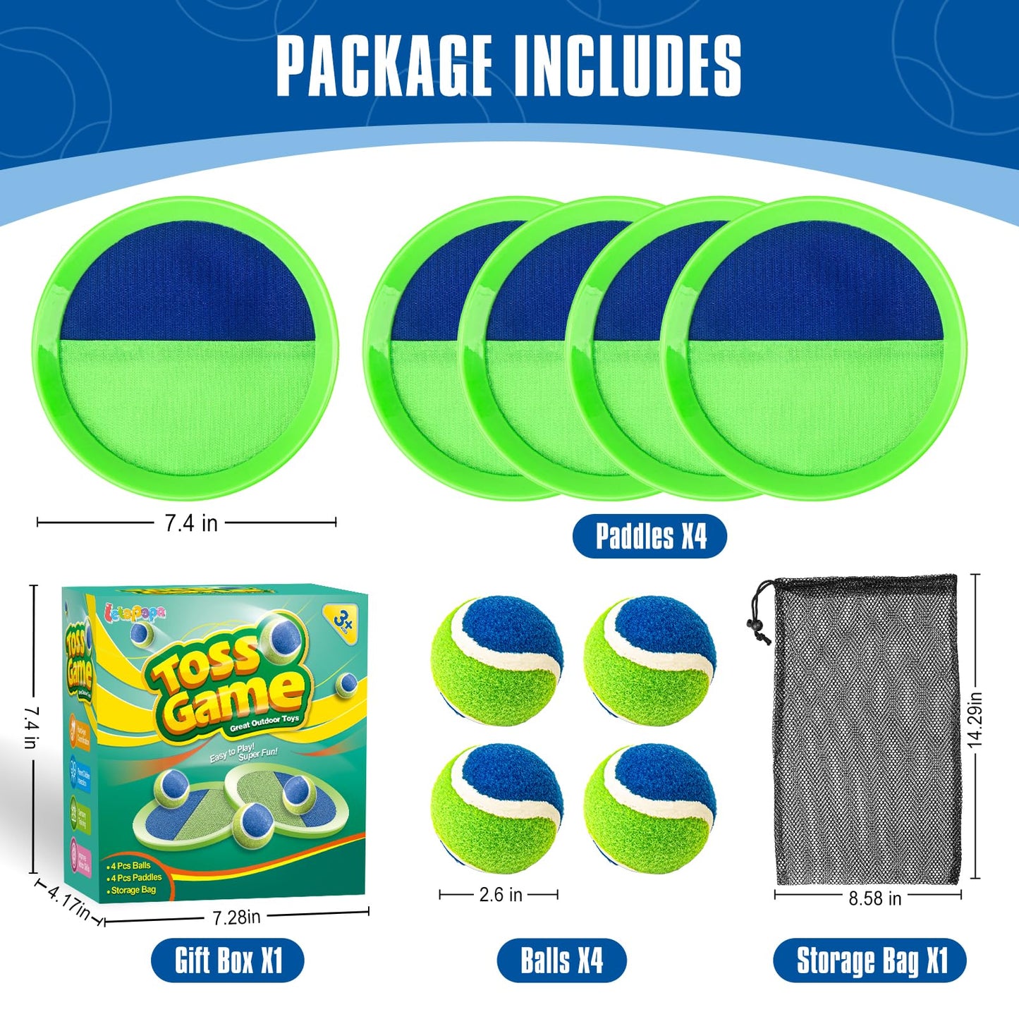 Toss and Catch Ball Set, Pool Beach Outdoor Toys Games for Kids Ages 4-8-12, 4 Paddles 4 Balls and Storage Bag, Summer Yard Outdoor Game for Adult Family, Birthday Easter Gift for Kids