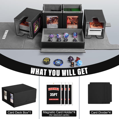 Kabinka Card Deck Box for MTG Commander, Holds 400+ Double-Sleeved Cards, 5 IN 1 Detachable Card Case with Dice Tray, Fits Magic/TCG Cards, 4 Magnetic Card Holders & Dividers (Black)
