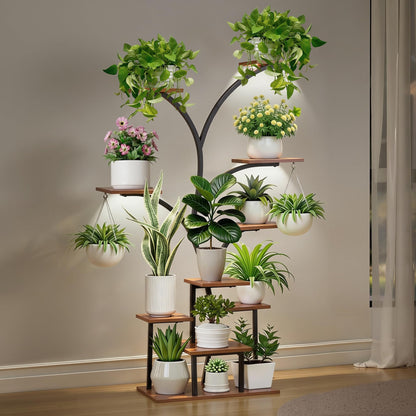 VECELO Plant Stand with LED Light, 10-Tier Indoor Plant Shelf with Supplemental Lighting, Metal Frame & Wood Shelves with Hanging Hooks, Space-Saving Plant Rack for Living Room or Corner Display