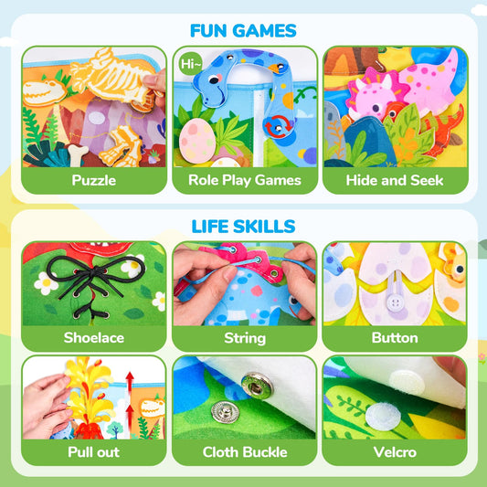 JoyCat Dinosaur Toddler Busy Book, Busy Board for 2 3 4 5 Year Old -Travel Toy Quiet Activity Book, Life Skills & Fun Games - Autism Sensory Toy, Toddler Easter Basket Stuffers Gifts