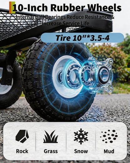 GarveeTech 800LBS Heavy Duty Steel Garden Cart, Garden Wagon Cart on Wheels, Metal Yard Utility Wagon with Removable Mesh Sides, 10" All Terrain Tires, 180° Rotating Handle for Lawn, Garden, Farm
