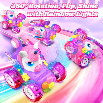 Zmpolir Unicorn RC Cars for Girl Toys with Glowling Crystal Wings & Eyes Lights, 360° Rotation Remote Control Car Pink Unicorn Stunt Car Kids Toys Birthday Gifts for 3 4 5 6 7 8 9 10 Year Old Girls