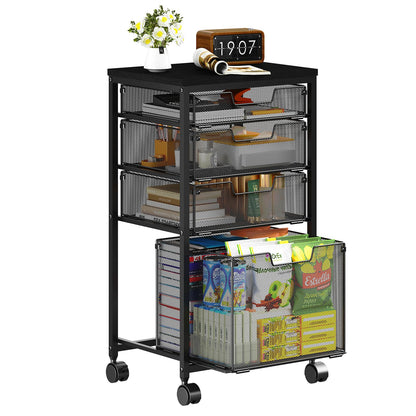 Sbanmao 3 Drawers Rolling Storage Cart, Utility Cart with Wooden Tabletop, Rolling Storage Drawer Cart with Lockable Wheels, Storage Craft Cart for Bedroom, Bedroom, Office, Black