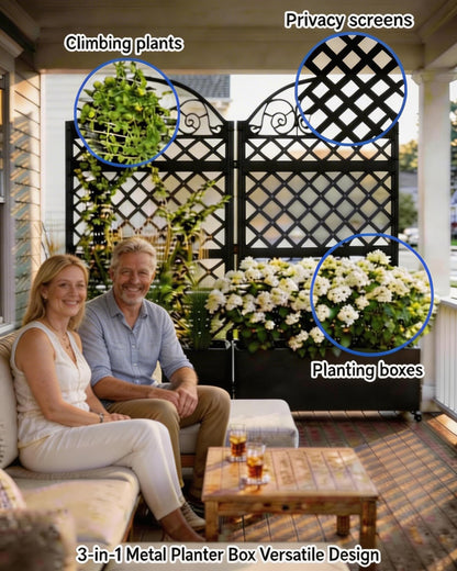 Privacy Planters for Patio, 73" Ornamental Metal Planter Box with Trellis & Locking Wheels, Scrollwork Arch Raised Garden Bed for Climbing Plants Roses Vines, Outdoor Flower Box with Drainage