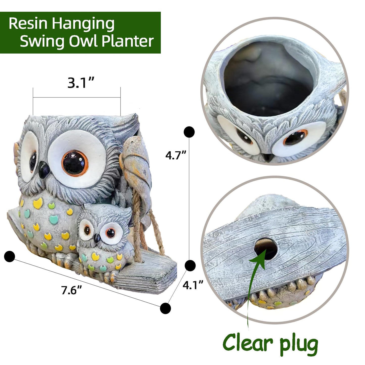 Swing Owl Hanging Planters for Indoor Plants, Cute Small Succulent Pots with Drainage Hole, Unique Resin Plant Hangers Outdoor, Hanging Plant Holder for String Of Pearls, Gift Ideas for Mother