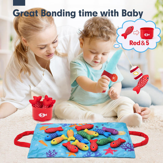 hahaland Montessori Toys for 1 Year Old Boy Girl Birthday Gift - 10 in 1 Cloth Fishing Game Toddler Toys with Stacking Cups - Number Counting, Color Sorting Learning