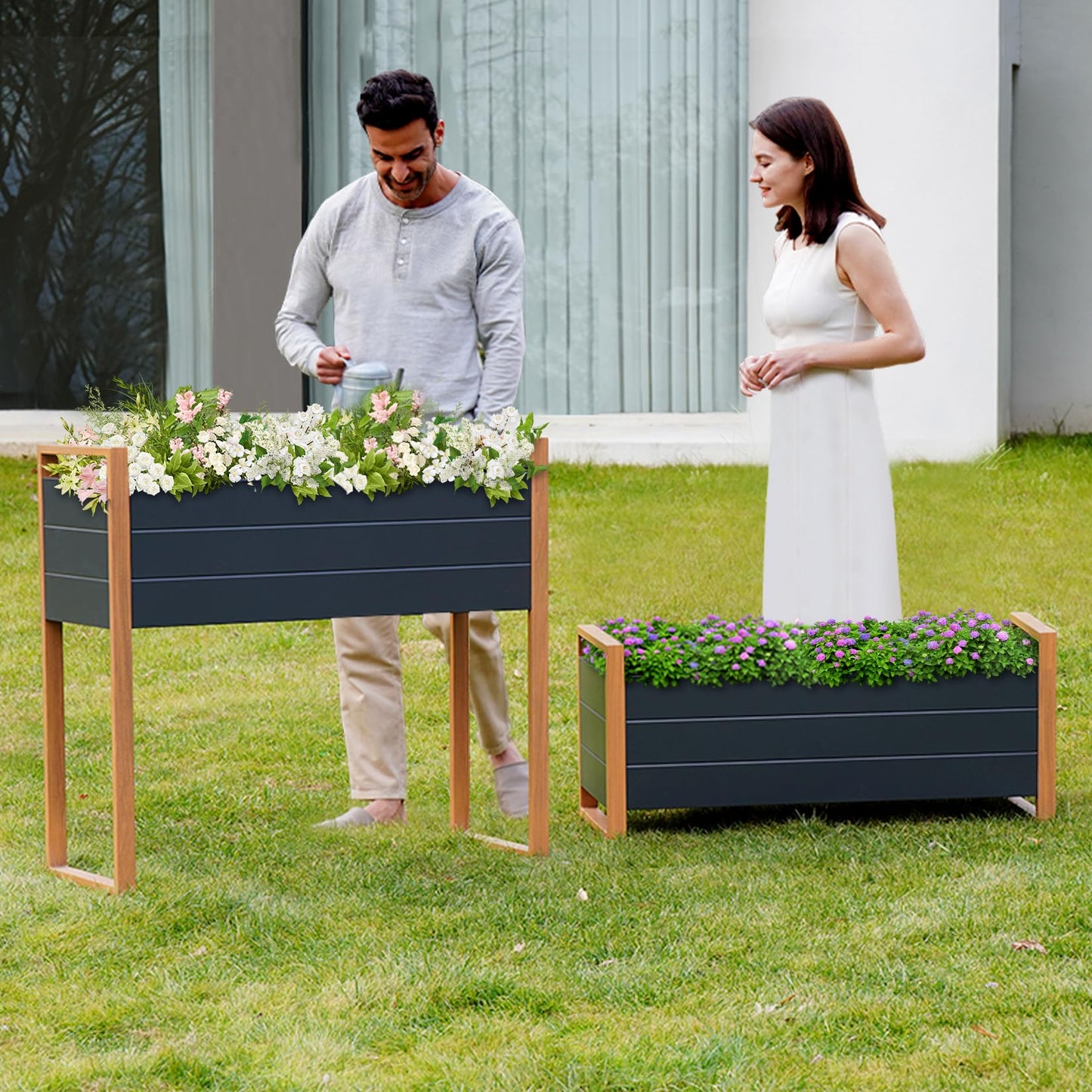 Grand patio Raised Garden Bed with Legs, Metal Elevated Planter Box with Woodgrain Finish, 39×15×36 Inch Outdoor Raised Garden Planter for Vegetables Flowers Fruits Herb, 660lb Capacity