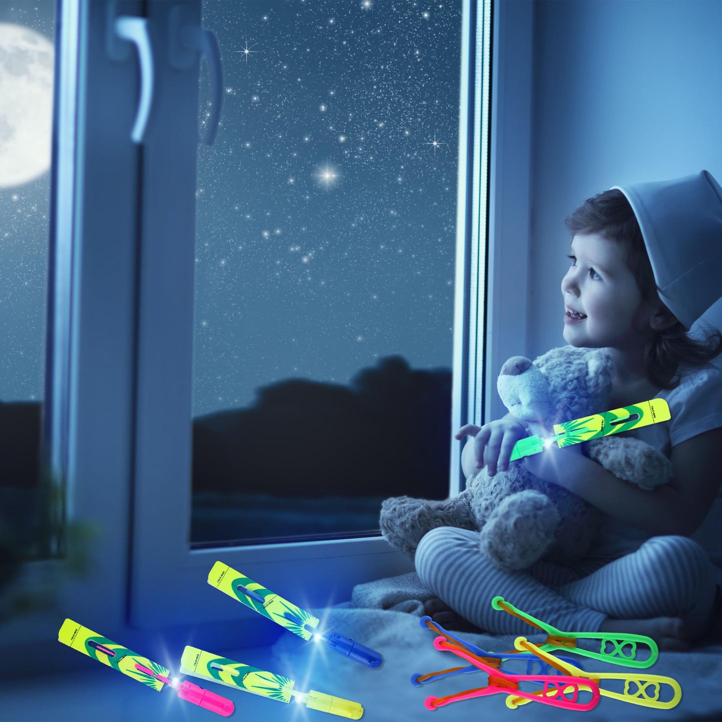 Cagemoga 72 Pcs Rocket Slingshot Flying Toys with LED Lights and Whistle Includes 36 Pcs Arrow Helicopter and 36 Pcs Launchers for Kids Outdoor Game Glow in The Dark Party Supplies