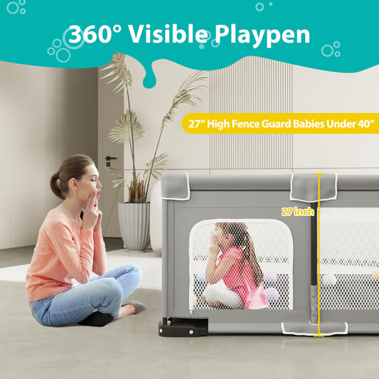 ICAREWAY Foldable Playpen for Babies and Toddlers, 50x50 Inches Portable Playpen, Kids Collapsible Play Pen with 2 Handlers, Indoor & Outdoor Baby Fence Play Area with Visible Mesh, Light Gray