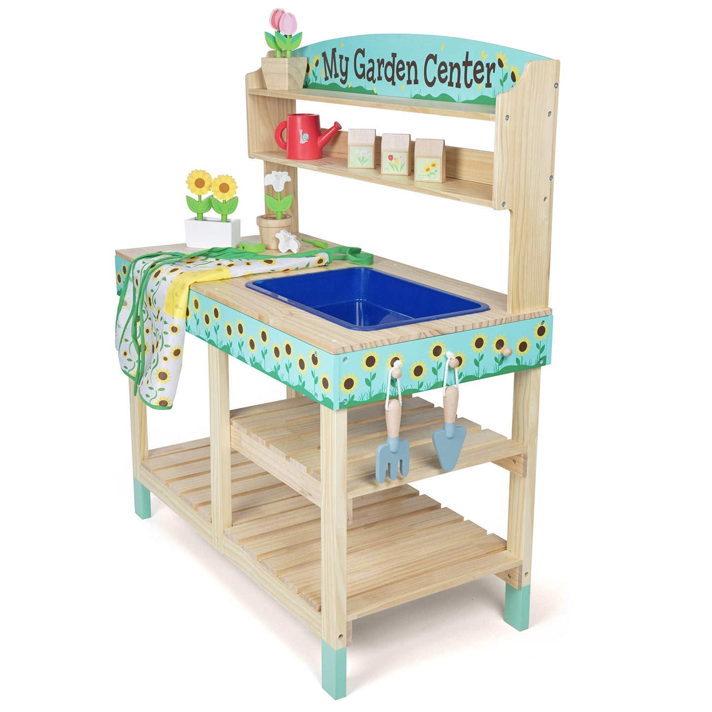 Bloom & Grow Gardening Center Wooden Toy Indoor Playset- 22 Pc Garden Stand Set w Flowers, Seed Packet, Pots Shovel Rake Apron Watering Pot- Interactive Fun Pretend Playtime Activity, Kids Summer Gift