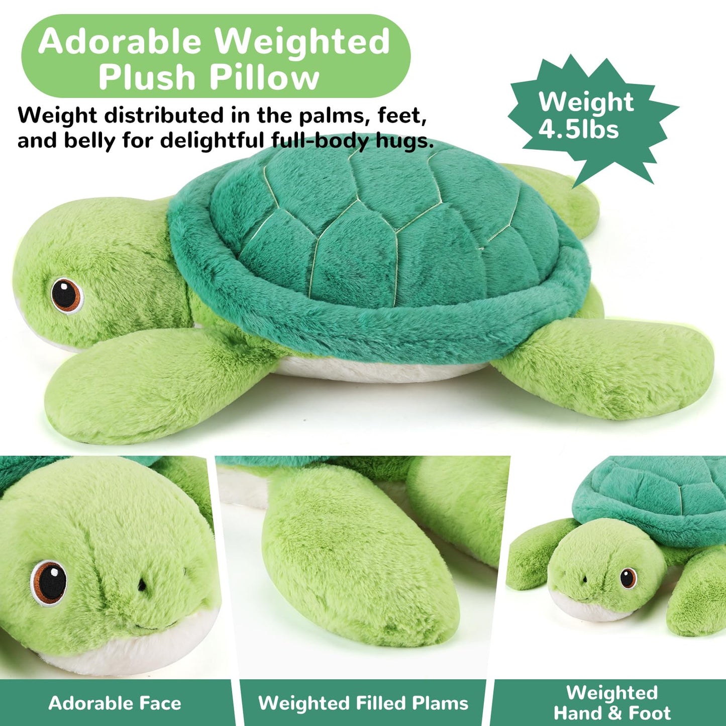 gnomantic Turtle Weighted Stuffed Animals - 22 Inch 4.5 Pounds Weighted Plushies Sea Turtle Stuffed Animal - Big Tortoise Plush Pillow - Cute Plush Toys Gifts for Kids & Adults (22" 4.5 lbs)