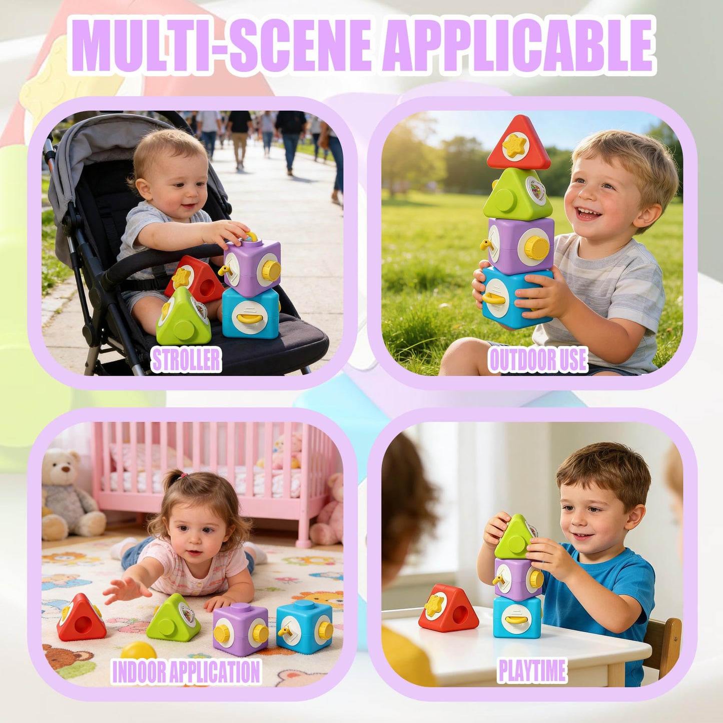 HUNKING Activity Cubes & Stacking Toy Blocks Set of 4,12-in-1 Montessori Toys for 1-2 Years Old,Educational Activities Sensory Travel Toys for Airplane & Car, Perfect Birthday for Toddlers