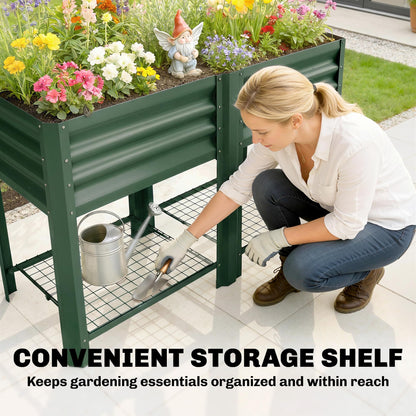 Outsunny Galvanized Steel Raised Garden Bed with Storage Shelf and Bed Liner, Elevated Planter Box with Legs for Flowers, Vegetables, and Herbs, for Outdoor Patio Yard, Glove Included, Green