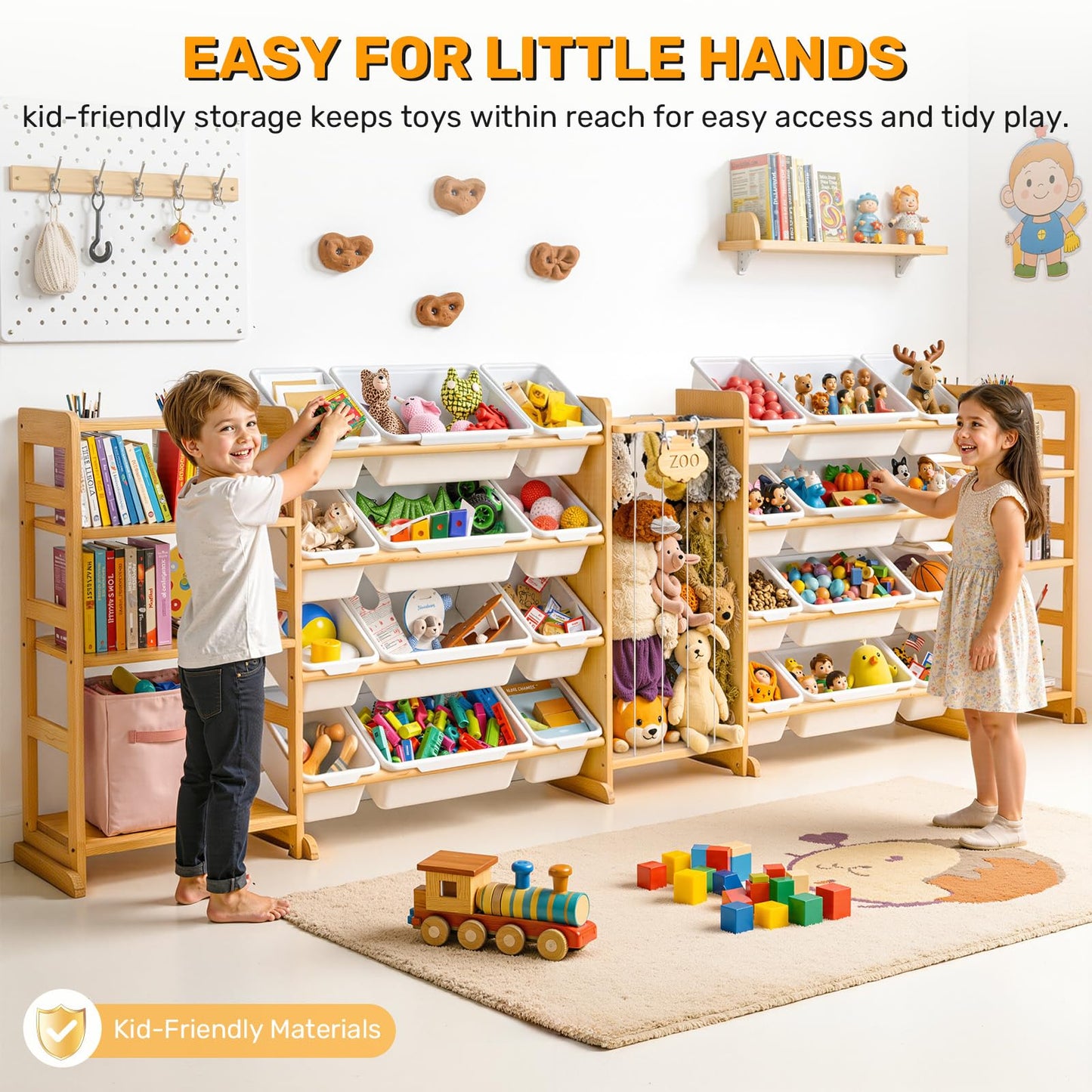 Yazzropt 114" Large Toy Storage Organizer with Bins Shelves & Stuffed Animal Storage for Kids Wood Toddler Playroom Organization with Bookshelf Toys Box Wooden Organizers for Kids Room Nursery Bedroom