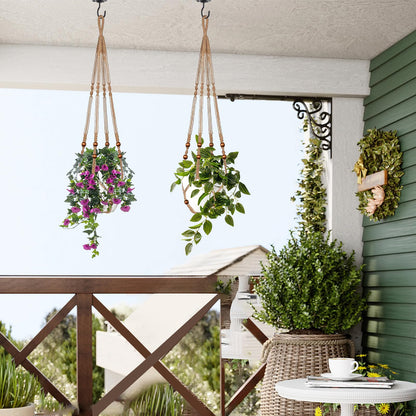 LEWESU Jute Macrame Plant Hanger Indoor Set of 4 Hanging Planter Basket Flower Pot Holder with Decorative Wood Beads & No Tassels for Indoor Outdoor Boho Home Decor, 35 Inch Brown (Pots Not Included)