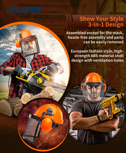 LANON Industrial Forestry Safety Helmet Protection System, ANSI Approved Chainsaw Hard Hats with Adjustable Ear Muffs & Face Shield Visor, 6 Point Adjustable Ratchet Suspension, Class C, Orange
