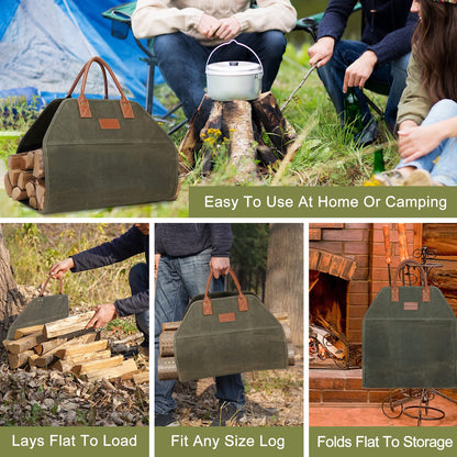 GOOD GAIN Firewood Carrier Waxed Canvas with Handles, Wood Carrier for Firewood, 36x18.5 Inch Heavy Duty Firewood Storage Tote, Fireplace Log Carrier Indoor Bag, Wood Stove Accessories. Green