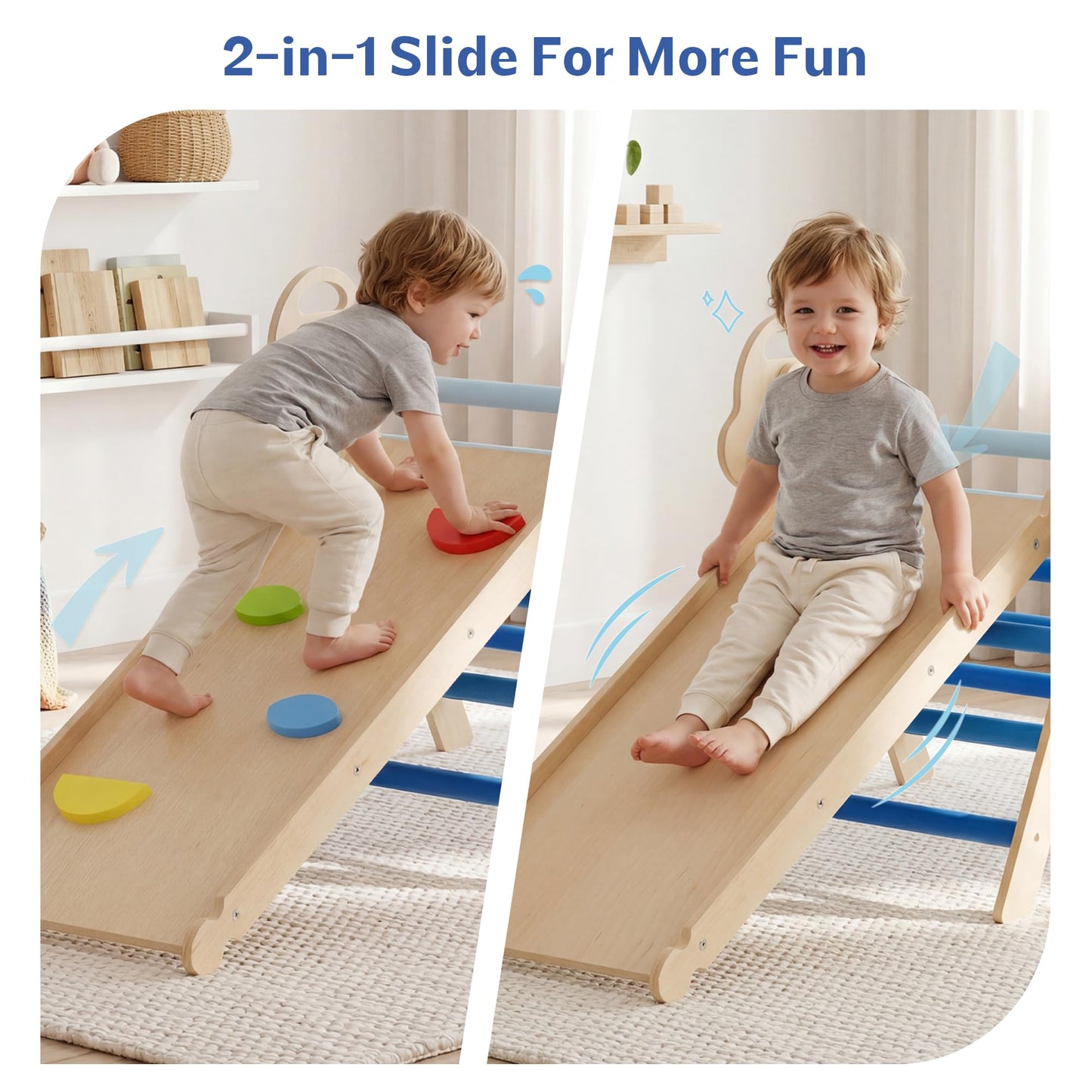 bbgroundgrm 8-in-1 Wooden Climbing Set for Toddlers with Cushion, Foldable Montessori Indoor Climber with Arch, Ramp and Triangle Ladder, Natural Wood Play Gym for Kids 1-3